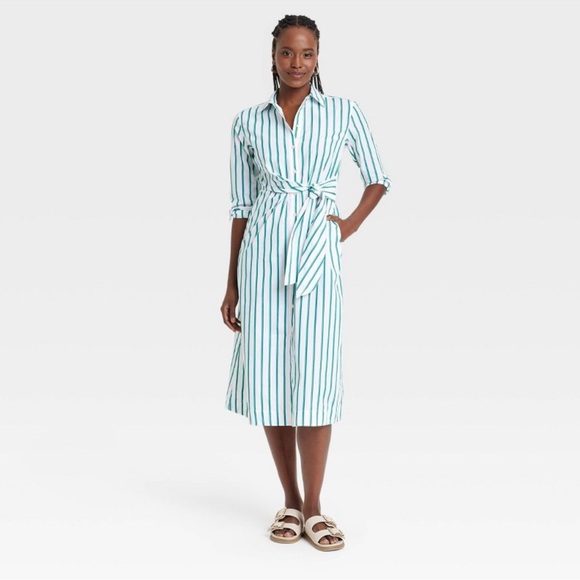 Universal Thread Dresses & Skirts - Women's Long Sleeve Tie-Front Midi Shirtdress - Universal Thread Green Striped